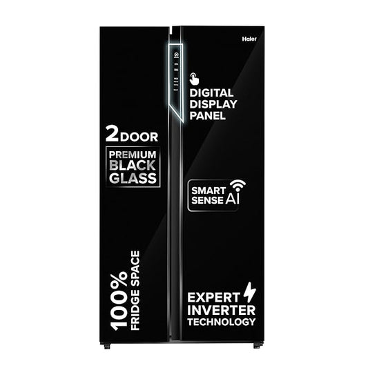 Haier 602L 3 Star 2 Door Premium Glass Side by Side Frost Free Refrigerator|100% Convertible|Wi-Fi|Expert Inverter Technology|Digital Display Panel|Triple Twist Ice Maker (HRS-682KGU1, Black Glass)