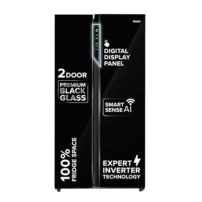 Haier 602L 3 Star 2 Door Premium Glass Side by Side Frost Free Refrigerator|100% Convertible|Wi-Fi|Expert Inverter Technology|Digital Display Panel|Triple Twist Ice Maker (HRS-682KGU1, Black Glass)