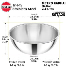 Hawkins 2.5 Litre Metro Kadhai, Triply Stainless Steel Induction Tasla, Silver (SSTA25)