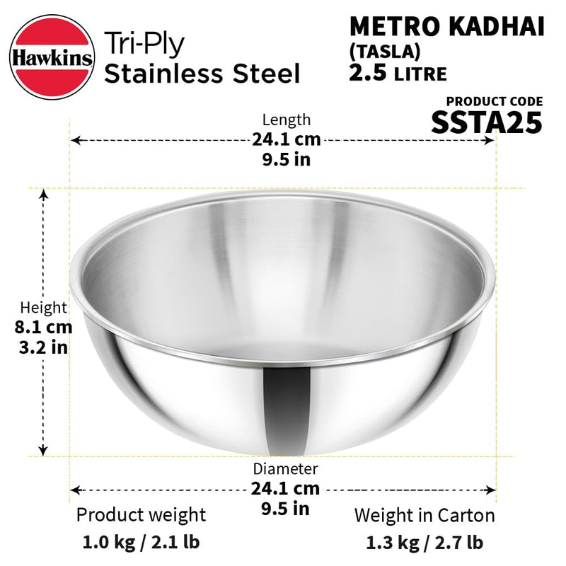 Hawkins 2.5 Litre Metro Kadhai, Triply Stainless Steel Induction Tasla, Silver (SSTA25)