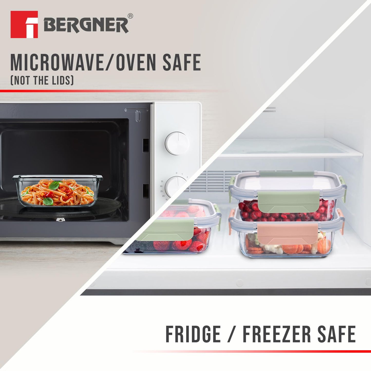 Bergner Smart Lock Borosilicate Rectangular 1.5 L Food Container for Kitchen/Tiffin, Air-Tight Lid with Locking Tabs, Space Saving, Stackable, Microwave & Oven Safe, Food Safe, Dishwasher Safe - Green