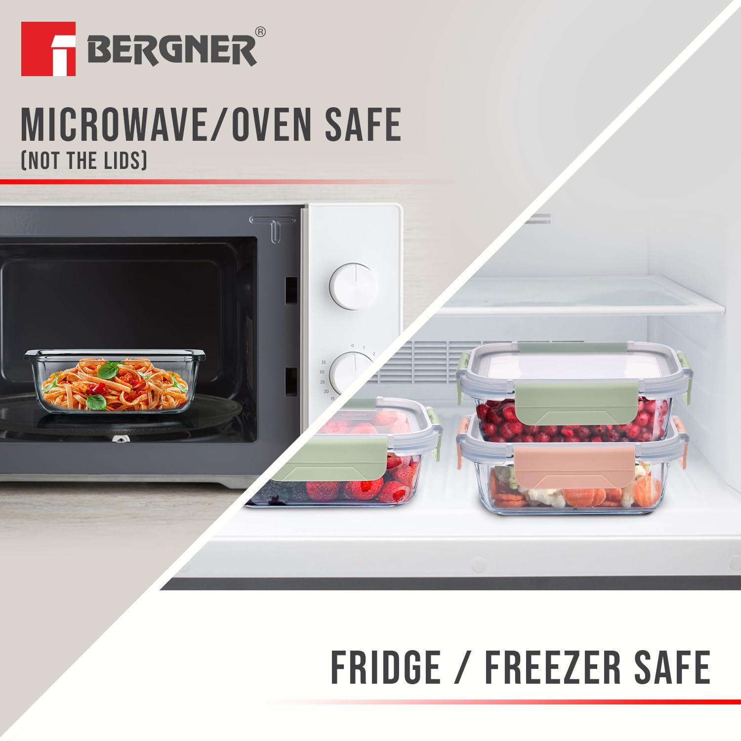 Bergner Smart Lock Borosilicate Rectangular 1.5 L Food Container for Kitchen/Tiffin, Air-Tight Lid with Locking Tabs, Space Saving, Stackable, Microwave & Oven Safe, Food Safe, Dishwasher Safe - Green