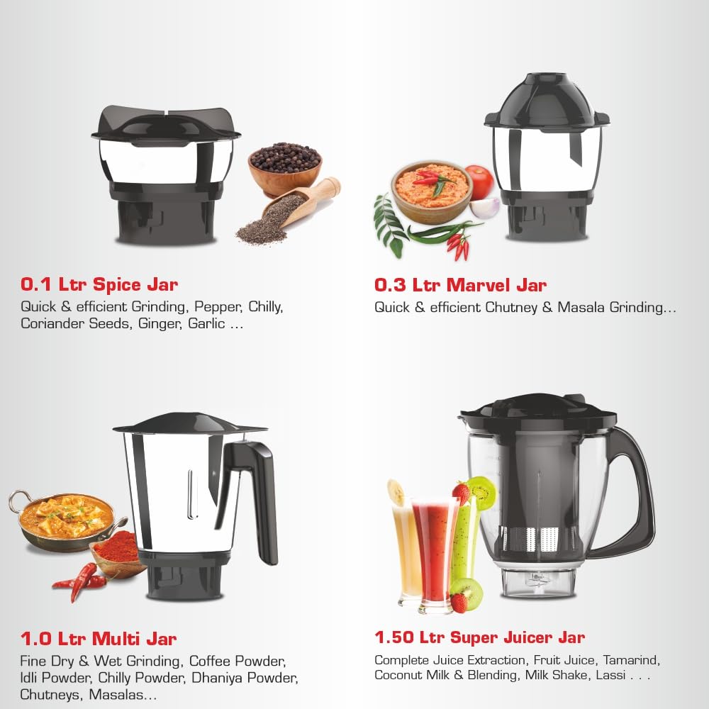 Vidiem Eva Elite Mixer Grinder 710 A, 750W with 4 Jars (1 Juicer + 3 Leakproof Jars) | Self-Locking Jars | ARIA Cool Tec
