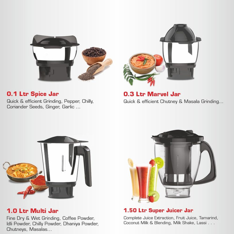 Vidiem Eva Elite Mixer Grinder 710 A, 750W with 4 Jars (1 Juicer + 3 Leakproof Jars) | Self-Locking Jars | ARIA Cool Tec