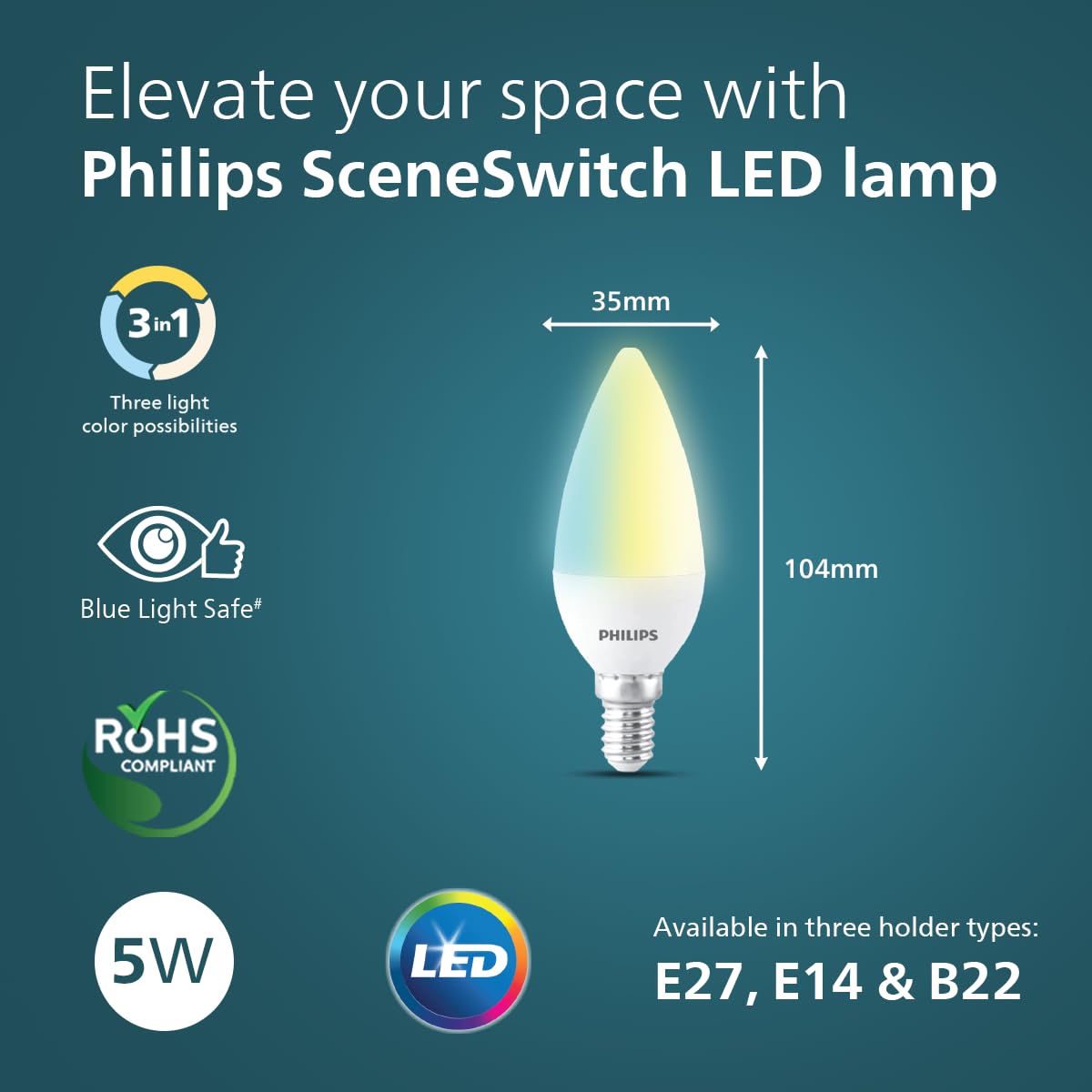 Philips LED Candle Bulb SceneSwitch 5W (White, B0HBBW28Z5)