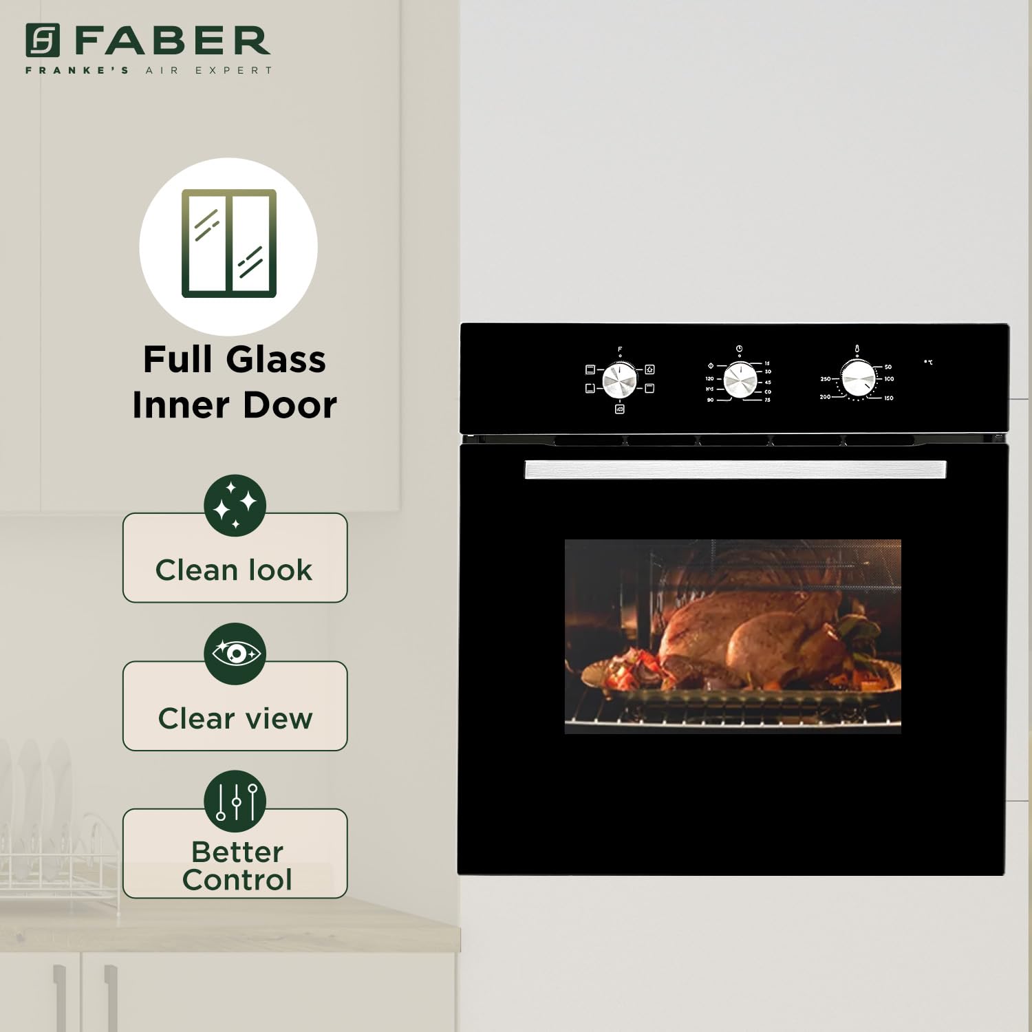Faber 80L Built-In Full Black Glass Oven||Mechanical Timer||5 Cooking Functions with Grill Rack,Grill Tray||2-Layer Glass Door, 50–250°C Temp Range||FBIO 80L 5F BK||2Yr Comprehensive Warranty