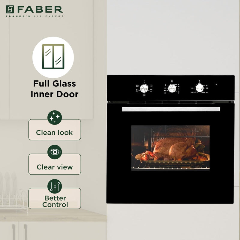 Faber 80L Built-In Full Black Glass Oven||Mechanical Timer||5 Cooking Functions with Grill Rack,Grill Tray||2-Layer Glass Door, 50–250°C Temp Range||FBIO 80L 5F BK||2Yr Comprehensive Warranty
