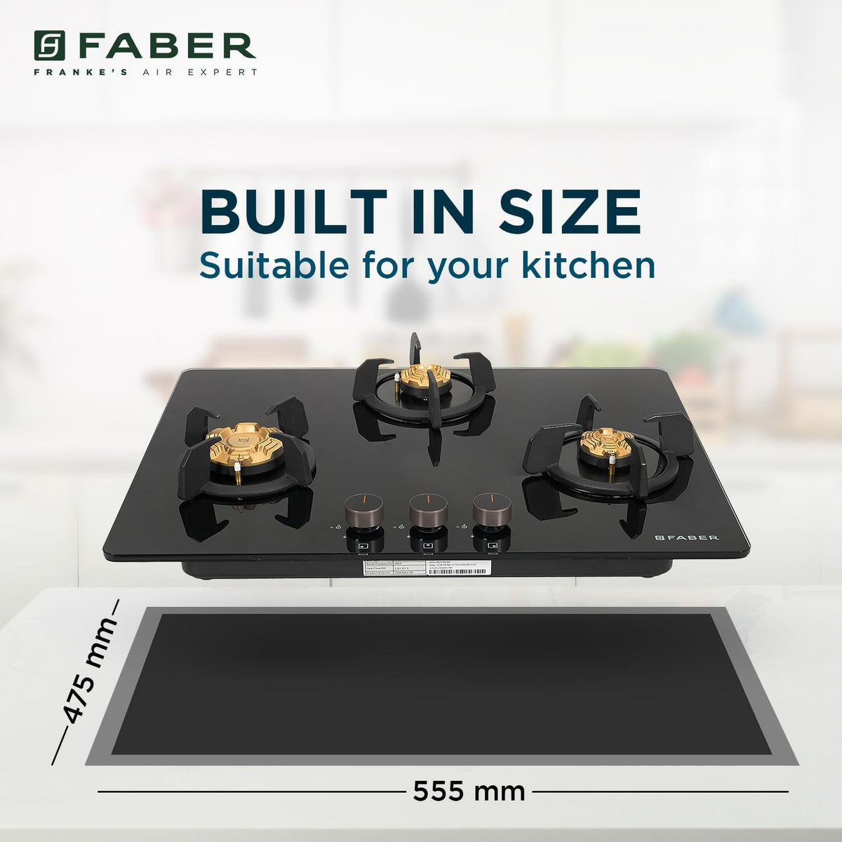 Faber 3 Burner 70cm Hobtop|Auto-Ignition|Metal Knobs|Cast Iron Pan Support |Hob/Cooktop Hybrid| Black Glass Finish|5Yr W