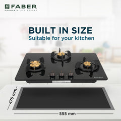 Faber 3 Burner 70cm Hobtop|Auto-Ignition|Metal Knobs|Cast Iron Pan Support |Hob/Cooktop Hybrid| Black Glass Finish|5Yr W