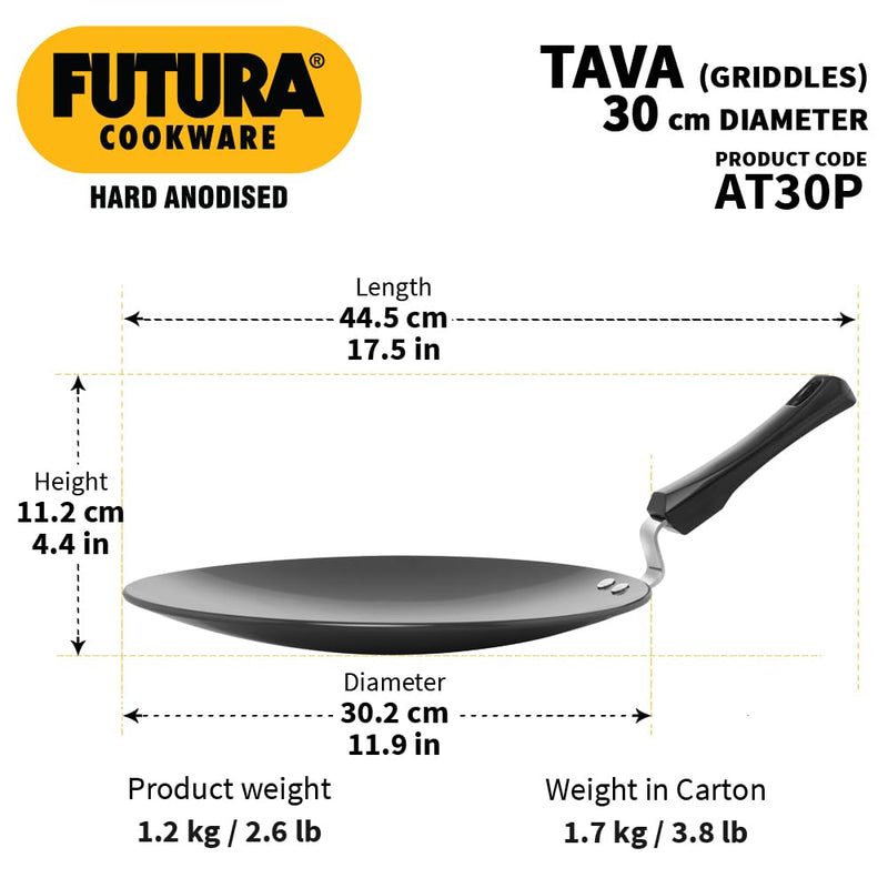 Hawkins Futura 30 cm Tava, Hard Anodised Tawa with Plastic Handle, Black (AT30P)
