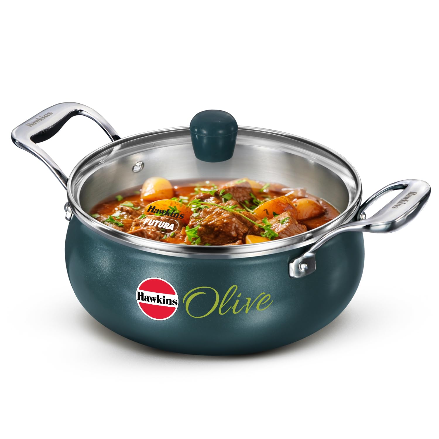 Hawkins Olive Pro 3 Litre Handi, Triply Stainless Steel Pan with Stainless Steel Handles and Glass Lid, Green (POSH30G)