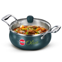 Hawkins Olive Pro 3 Litre Handi, Triply Stainless Steel Pan with Stainless Steel Handles and Glass Lid, Green (POSH30G)