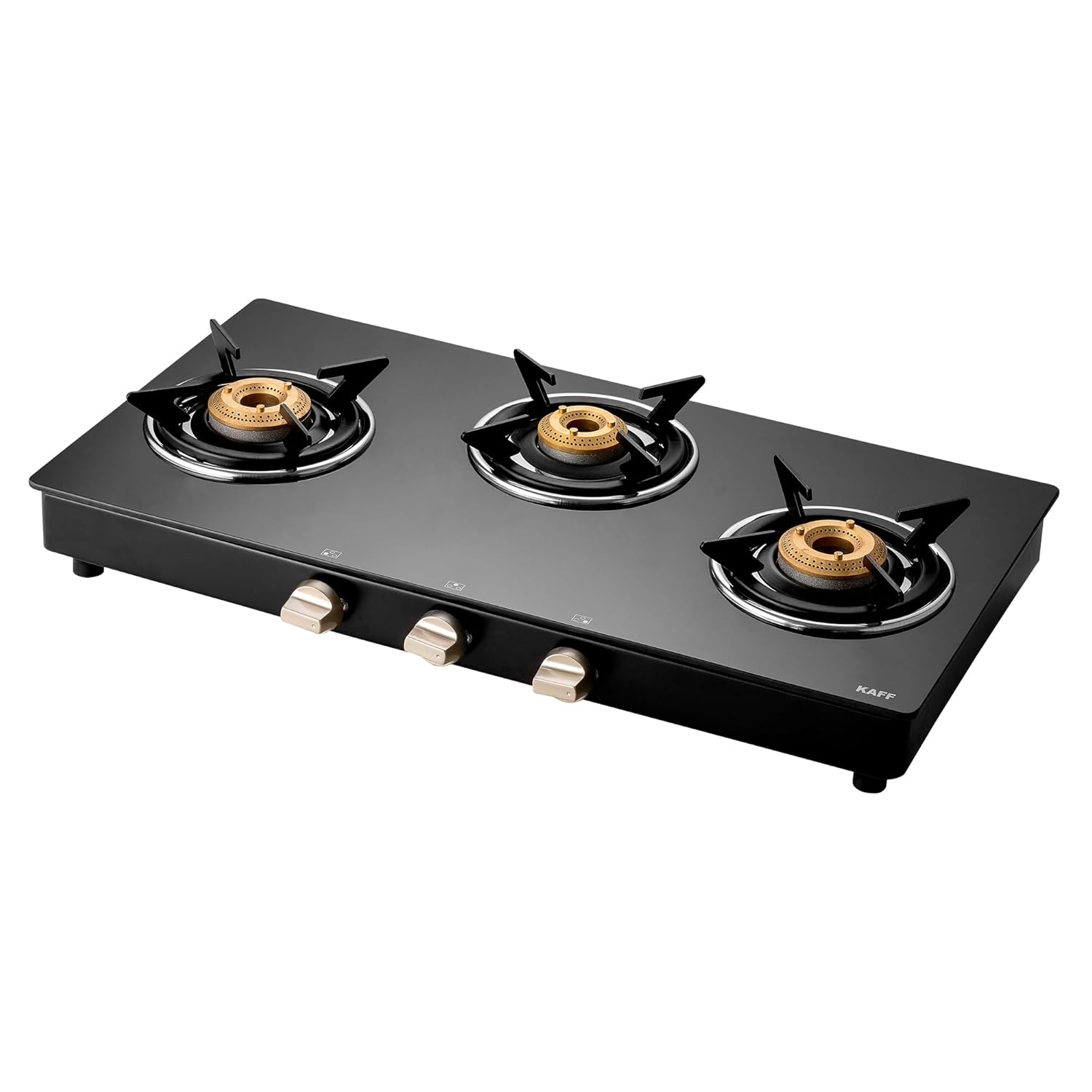 KAFF 3 Burner Gas Stove Top for Kitchen - 71CM Manual Ignition Cooktop| Modern Glass Stove for Modular Kitchen, ISI Certified & Compatible with LPG (Black)