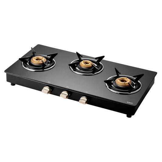KAFF 3 Burner Gas Stove Top for Kitchen - 71CM Manual Ignition Cooktop| Modern Glass Stove for Modular Kitchen, ISI Certified & Compatible with LPG (Black)
