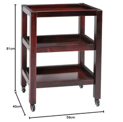 Elegant Wooden 3-Tier Rolling Cart – Large Mahogany Polished Trolley with Wheels for Home and Kitchen – Versati