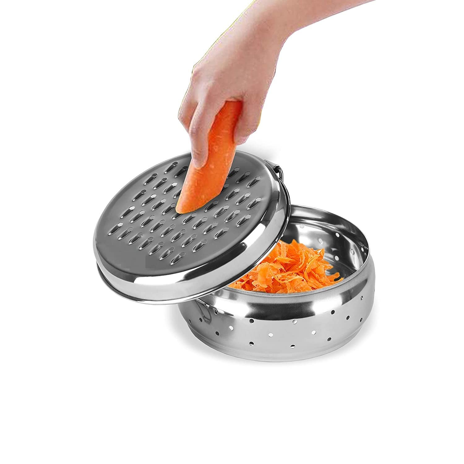 Dynore Stainless Steel Grater with Storage|Stainless Steel, Multifunctional Use & Refrigerator Safe | Light Weight & Durable|Cheese,Carrot & Coconut Grater Lid with Ventilated Box | Khamni Dabba