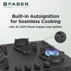 Faber Della 4 Burner 72cm Hob |Auto-Ignition|Brass Burner| Cast Iron Pan Support |Hob/Cooktop Hybrid| Matt Black Glass F