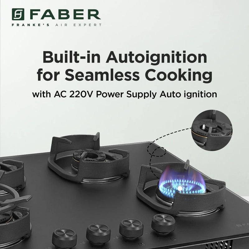 Faber Della 4 Burner 72cm Hob |Auto-Ignition|Brass Burner| Cast Iron Pan Support |Hob/Cooktop Hybrid| Matt Black Glass F