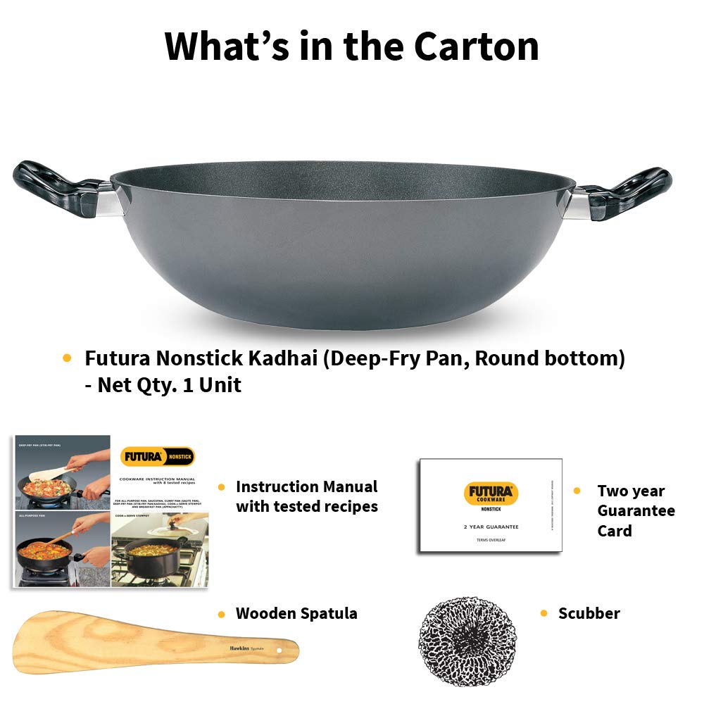 Hawkins Futura 4 Litre Deep Fry Pan, Non Stick Kadai, Round Bottom Kadhai, Big Non Stick Kadai, Black (NK40)