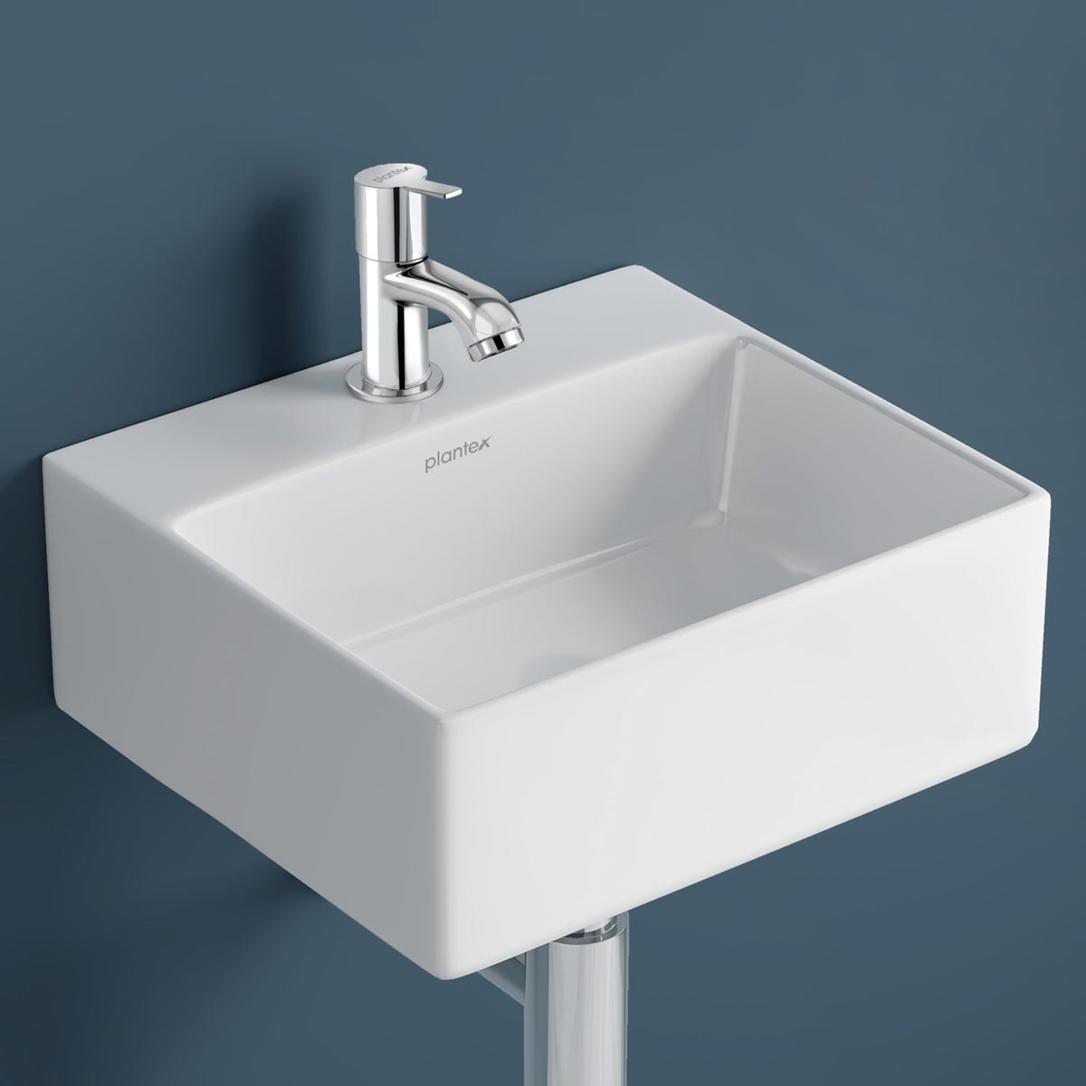 Plantex Ceramic Basin with Stainless Steel Pillar Cock/Wall Hung Basin/Deck Mount Tap/Basin for Bathroom - (Cuba - Combo)-1