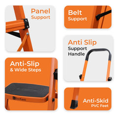 BonKaso Climb Steady Premium Alloy Steel Heavy Duty Multipurpose Foldable 7 Step Ladder with Connecting Frame & Belt Support, Load Capacity Upto 120kg | for Home and Outdoor - (Orange)