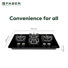 Faber 75Cm 4 Burner Hob|Auto Ignition|Built-In Or Hobtop|Flame Failure Device|Cast Iron Pan Support|Glass Finish|Metal K