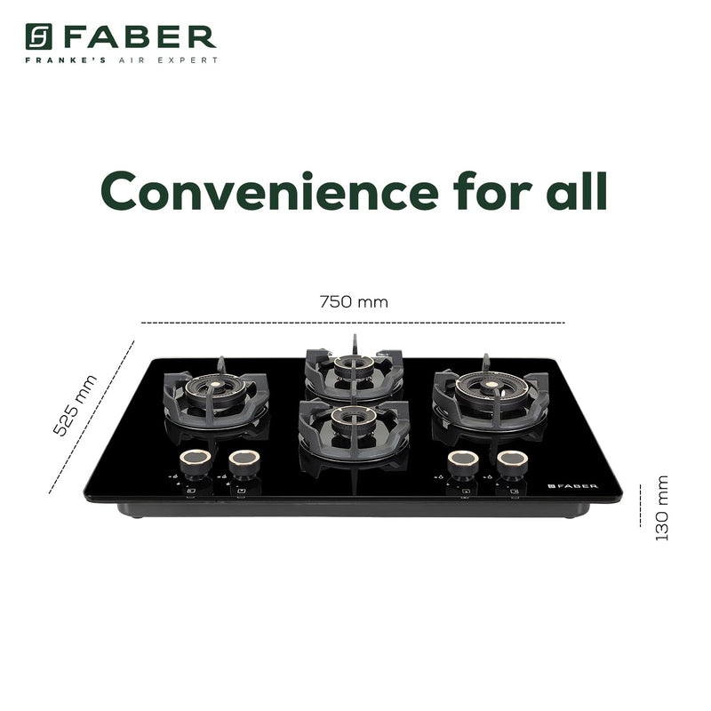 Faber 75Cm 4 Burner Hob|Auto Ignition|Built-In Or Hobtop|Flame Failure Device|Cast Iron Pan Support|Glass Finish|Metal K