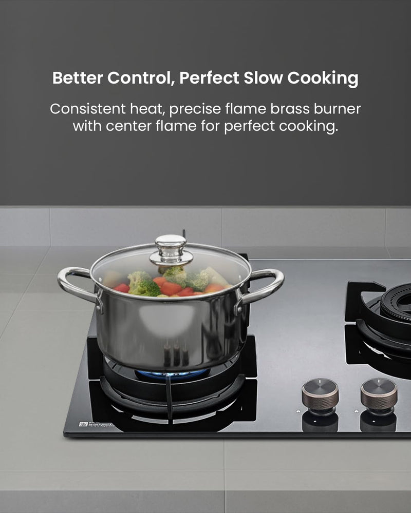 Sujata 3 Burner Gas Stove Glass Top | 5 Years Warranty | Auto Ignition Gas Stove 3 Burner, CookTop cum Hob Top 3 Burners, LPG & PNG Compatible, Brass Burner (Indium Auto Ignition - Black)