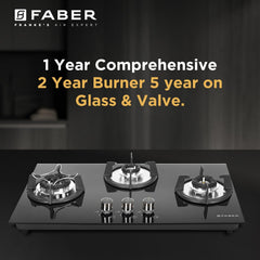 Faber Hob 76 cm 3 Burner|Auto-Ignition|Spillage Proof|Brass Burners|Metal Knobs|Pan Support|2yrs on Burner,5 Yrs Warrant