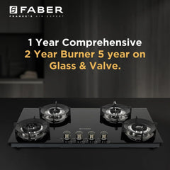 Faber Hob 90 cm 4 Burner|Auto-Ignition|Spillage Proof|Brass Burners|Metal Knobs|Pan Support|2yrs on Burner,5 Yrs Warrant