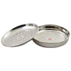 JAIN Stainless Steel 2in1 Thatte Idly Stand | Dhokla Maker & Idiappam Stand - 8 Plates Thatte Idli Plate & Momos Steamer Stand (4 Thattu Idly Plates, 4 Idiappam Plates, 1 Stand) - Silver