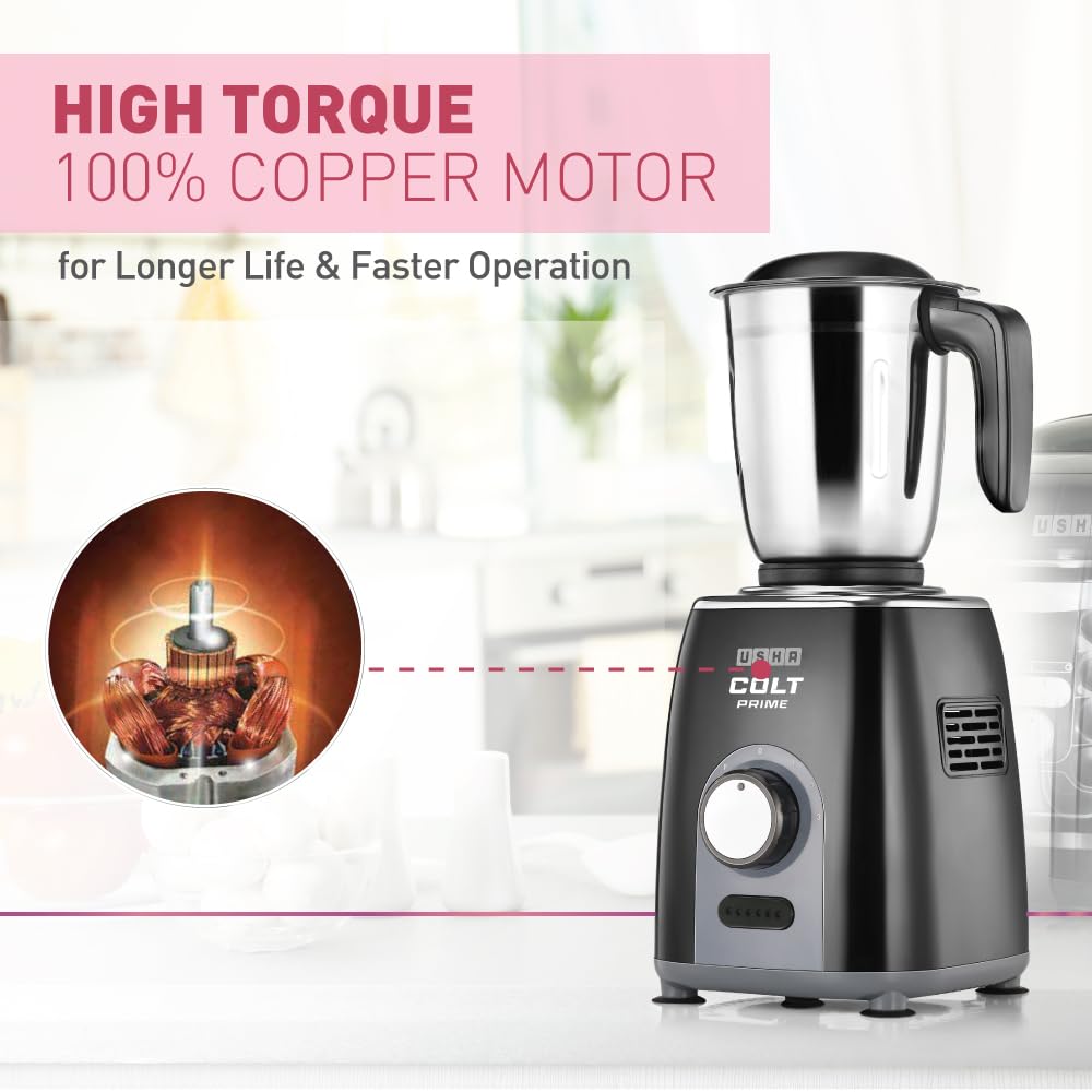 USHA Colt Prime Mixer Grinder| 500W| Powerful 100% Copper Motor| Rust Resistant Stainless Steel Jars & Blades| Uniform Grinding with 3 Jars| 5 Years Motor Warranty