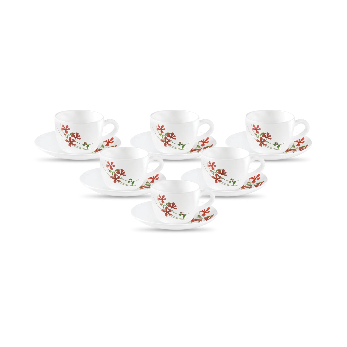 La Opala, Novo Collection Opal Glass Crockery | Cup & Saucer Princess, Set of 12 | Autumn Flower, 150 ml | for Tea & Coffee | Microwave Safe | 100% Vegetarian | Extra Strong | Super Light & White
