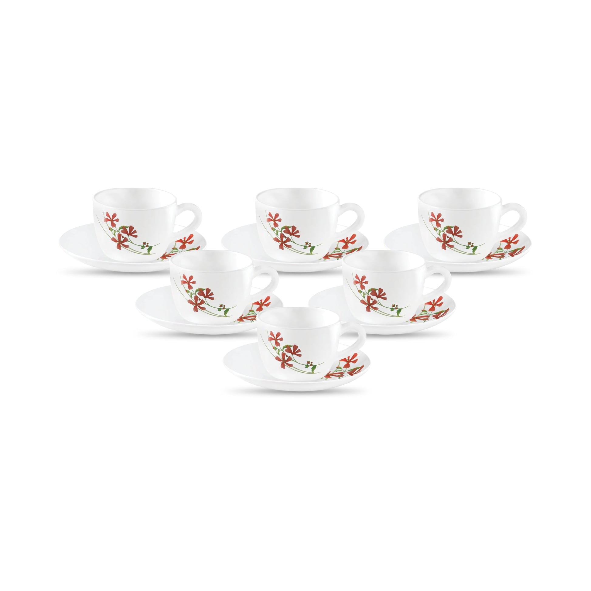 La Opala, Novo Collection Opal Glass Crockery | Cup & Saucer Princess, Set of 12 | Autumn Flower, 150 ml | for Tea & Coffee | Microwave Safe | 100% Vegetarian | Extra Strong | Super Light & White