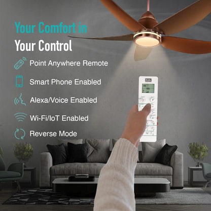 KUHL Luxus C5 1320mm Stylish 65% Power Saving BLDC Ceiling Fan with Remote|Night & Down Light|29W|BEE 5 Rated & ISI Marked|Low Noise|IoT –Operate via Mobile & Alexa|Reverse Mode|FreeInstallation|Brown