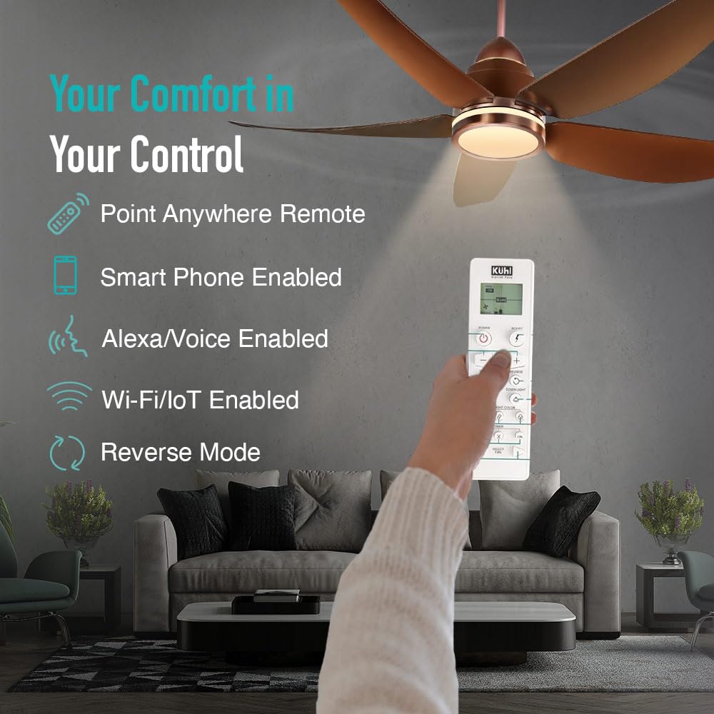KUHL Luxus C5 1200mm Stylish 65% Power Saving BLDC Ceiling Fan with Remote | Night & Down Light | 29W |BEE 5 Star | Low Noise | IoT –Operate via Mobile & Alexa | Reverse Mode |Free Installation|Brown