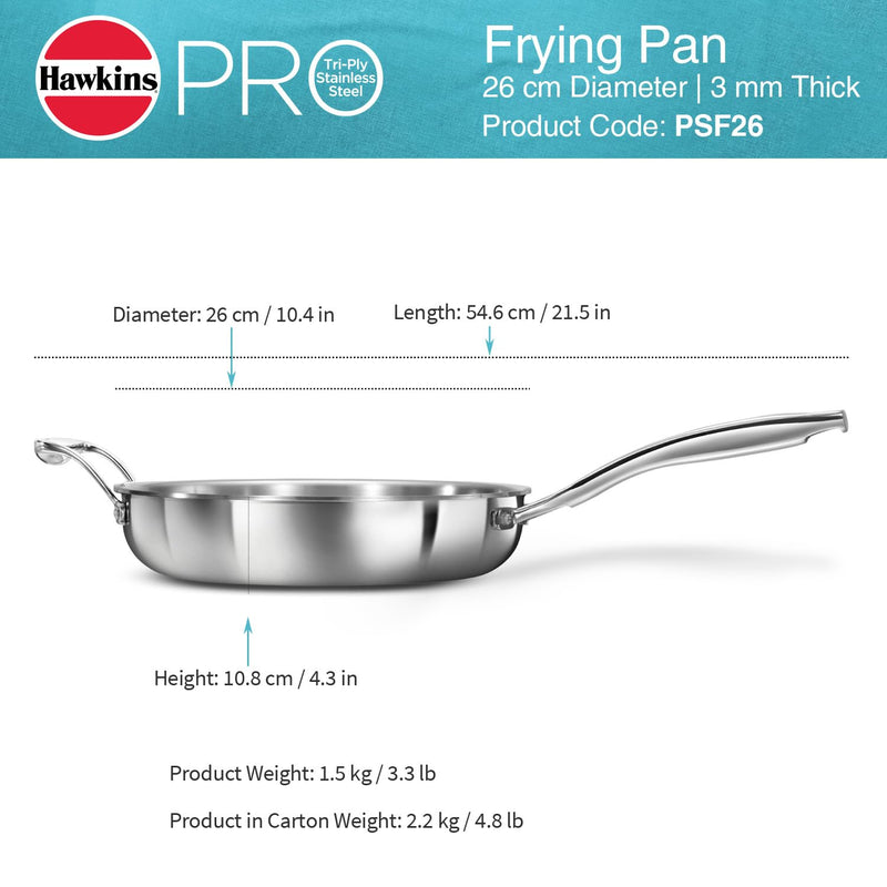 Hawkins Pro 26 cm Frying Pan, Triply Stainless Steel Fry Pan with Stainless Steel Handle, Silver (PSF26)