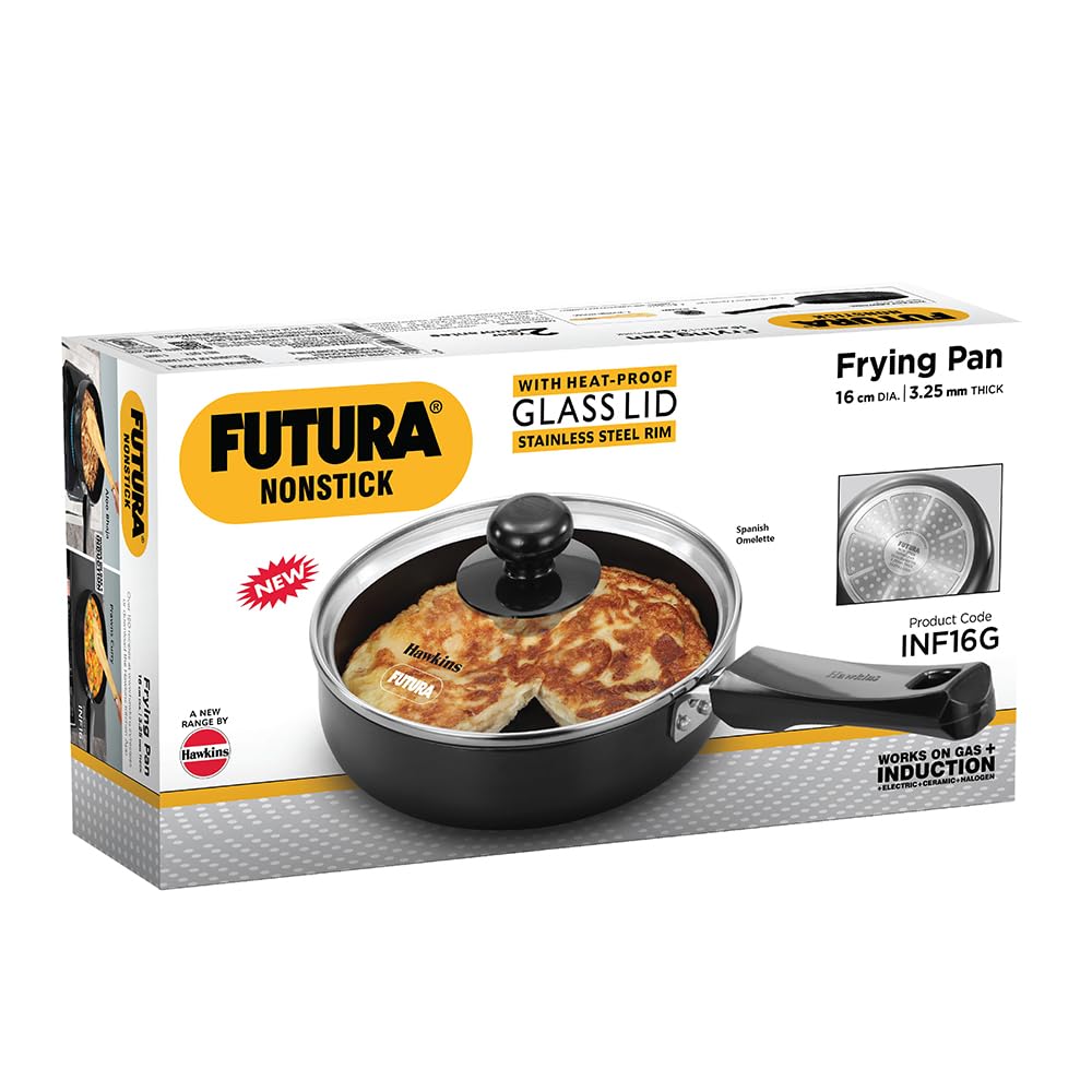 Hawkins Futura 16 cm Frying Pan, Non Stick Fry Pan with Glass Lid, Induction Omelette Pan, Small Frying Pan, Black (INF16G)