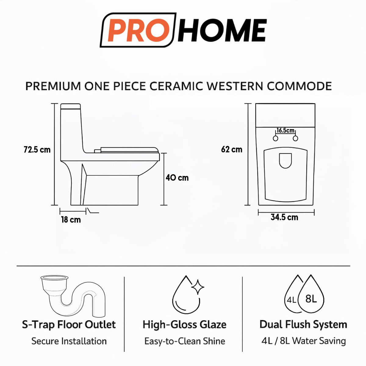 PRO HOME Classic One-Piece Ceramic Toilet – Western Style Floor Mounted Commode with Soft Close Seat, Ideal for Homes, Apartments, and Commercial Spaces (White, Large)