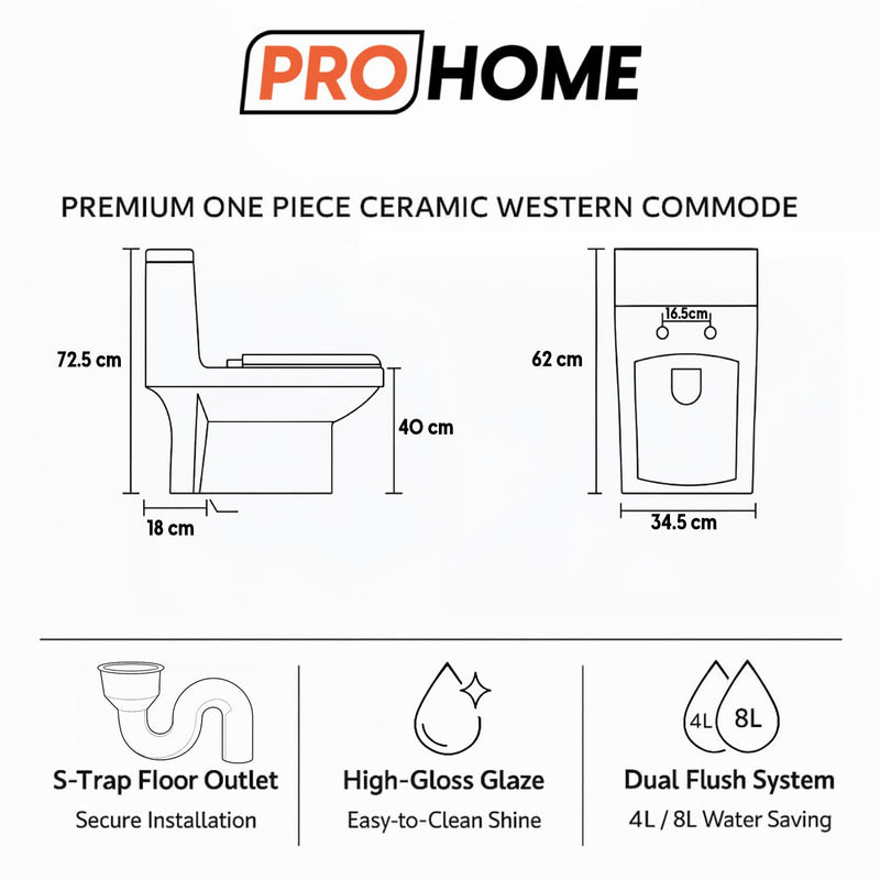 PRO HOME Classic One-Piece Ceramic Toilet – Western Style Floor Mounted Commode with Soft Close Seat, Ideal for Homes, Apartments, and Commercial Spaces (White, Large)