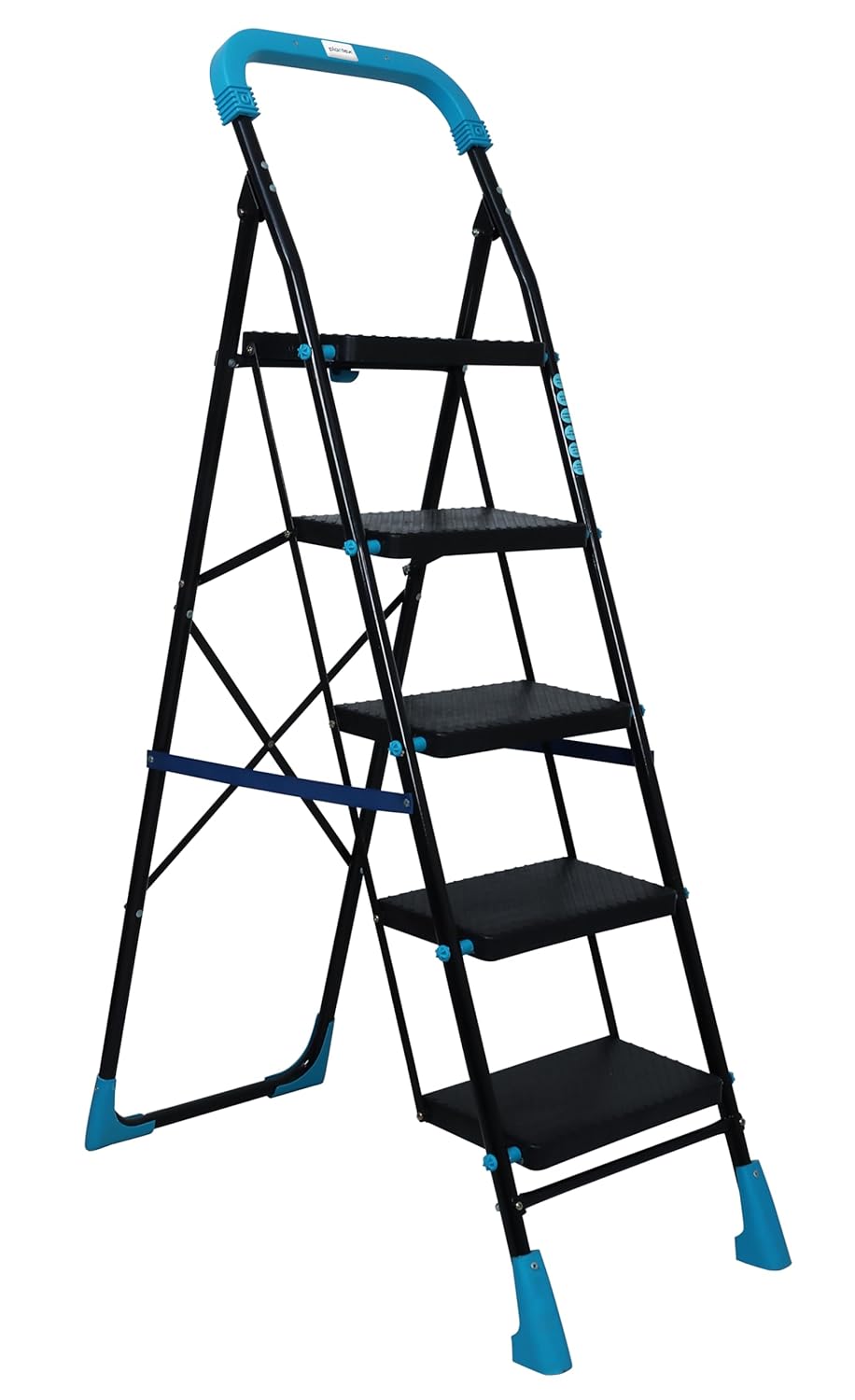 Plantex Stylo Heavy-Duty Mild-Steel Folding 5 Step Ladder for Home with Advanced Locking System/Wide Anti-Skid Step Ladder (Black & Blue)
