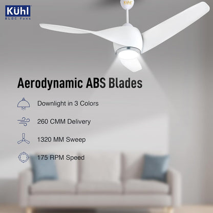 KUHL Twist L3 1320 mm 65% Power Saving BLDC Ceiling Fan | BEE 5 Star Rated & ISI Marked | High Air Flow|5Year Warranty on Motor By Brand | Free Installation | IoT – Operate via Mobile & Alexa | White
