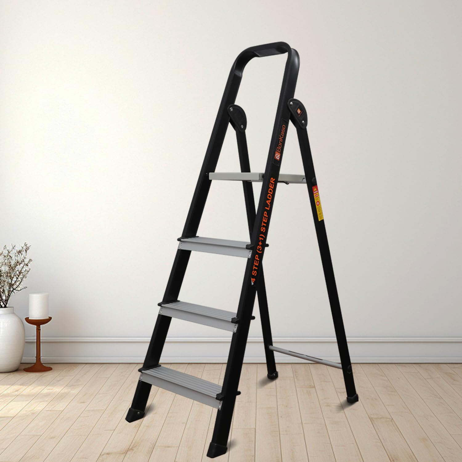 Bonkaso Climb Lite Pro 4 Steps Foldable Aluminium Ladder, upto 120kg Load Capacity, Multipurpose ladder for home & office, Anti-Skid Steps, Heavy Duty Platform, 5 Years Warranty (141h x 46w Cms) Black