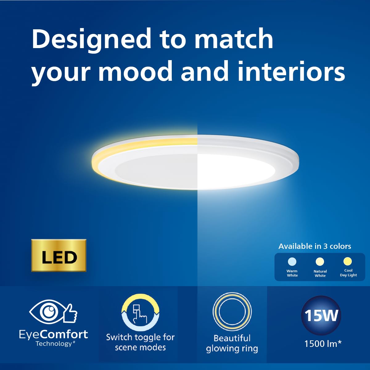 Philips 15-watt Round LED Up-Down Downlighter (Pack of 2) (Warm White + Cool Day Light, B0D4VNB9TK)