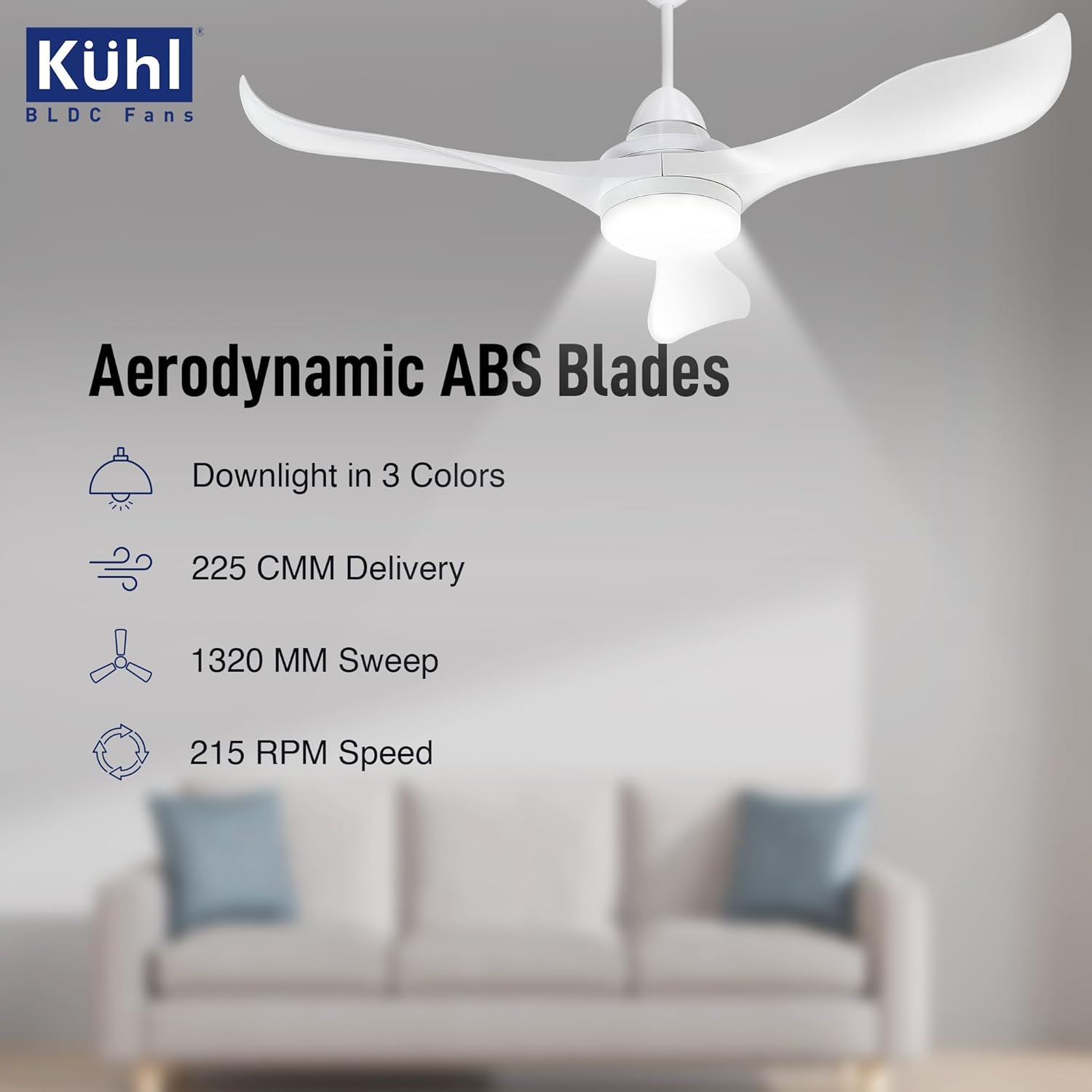 KUHL Glanz F3 1320MM 65% Power Saving BLDC Ceiling Fan | BEE 5 Star Rated & ISI Marked | High Air Flow | 5Year Warranty on Motor By Brand | Free Installation | IoT Operate via Mobile & Alexa | White