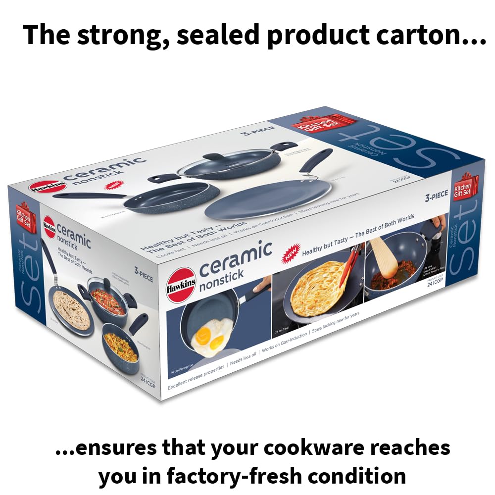 Hawkins Ceramic Nonstick 3-Piece Kitchen Gift Set - 1.75 L Deep Kadhai, 16 cm Frying Pan and 24 cm Tava, Grey (24ICGP)