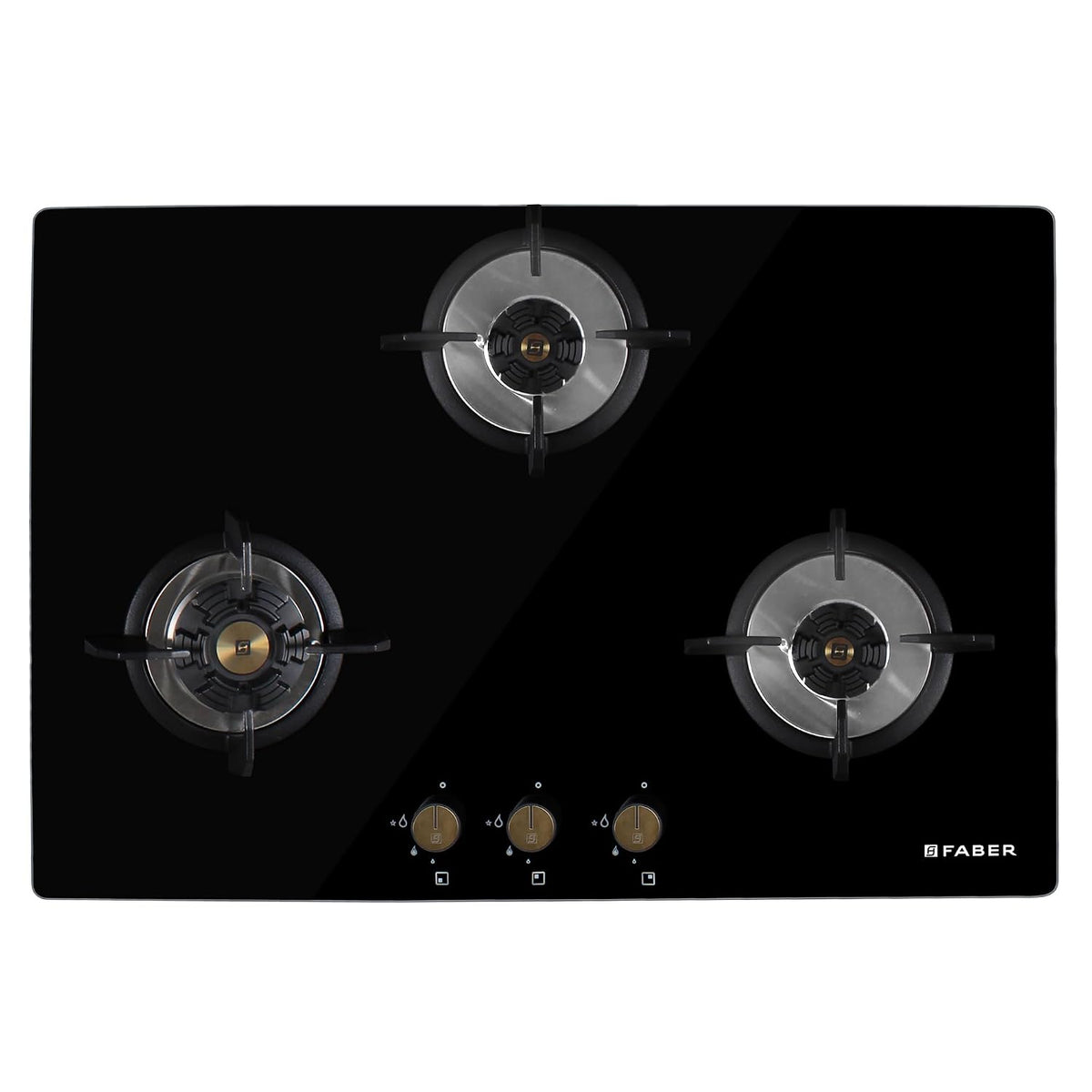 Faber Hob/Hobtop 4 Brass Burner Auto Electric Ignition Glass Top (Maxus HT784 CRS BR CI AI) Black, Glass and Mild Steel