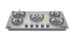 Sujata 5 Burner Gas Stove Glass Top | 5 Years Warranty | Gas Chulha, Auto Ignition Gas Stove, CookTop cum Hob Top, LPG & PNG Compatible, Brass Burner (Palladium FFD Auto Ignition Black)