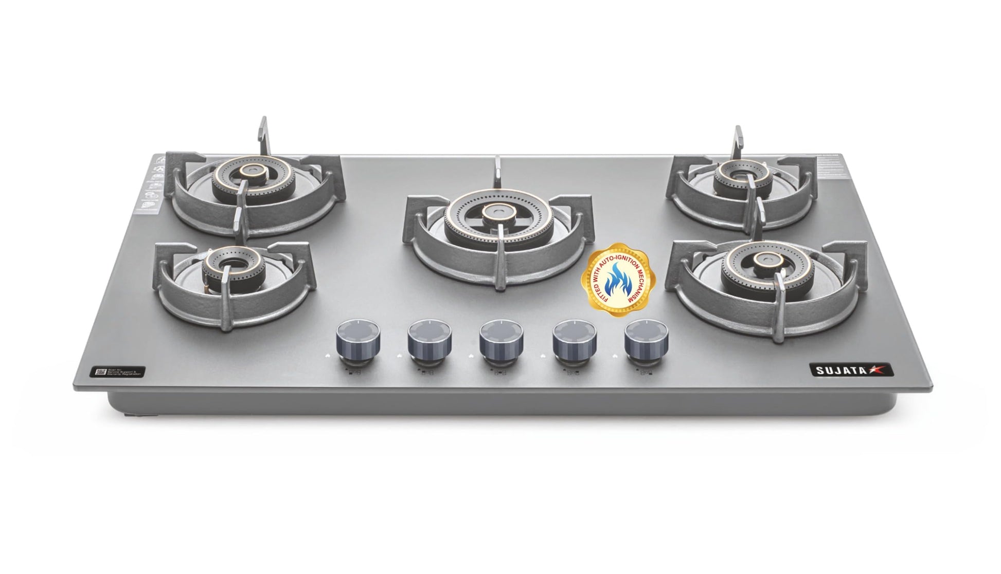 Sujata 5 Burner Gas Stove Glass Top | 5 Years Warranty | Gas Chulha, Auto Ignition Gas Stove, CookTop cum Hob Top, LPG & PNG Compatible, Brass Burner (Palladium FFD Auto Ignition Black)