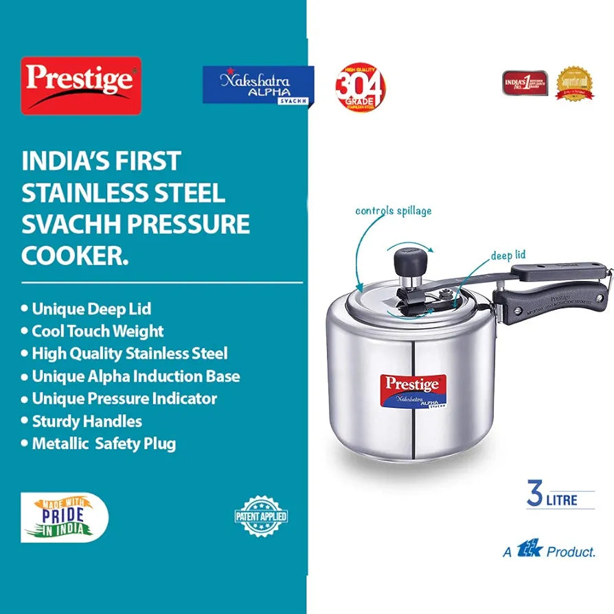 Prestige Svachh, 20245, 3 L, Nakshatra Alpha Straight Wall, With Deep Lid For Spillage Control , 600 milliliters